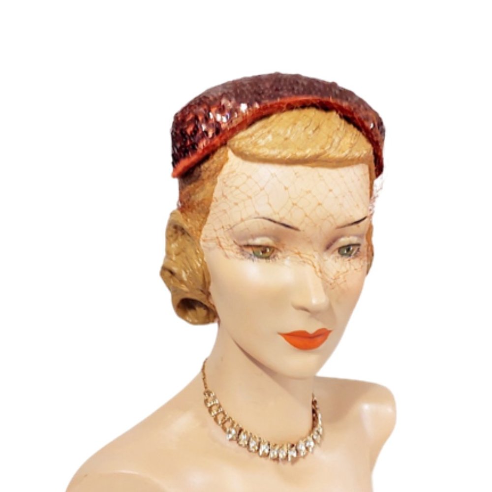 1950s True Vintage Rust Sequined Small Band Cocktail Dinner Hat With A Veil